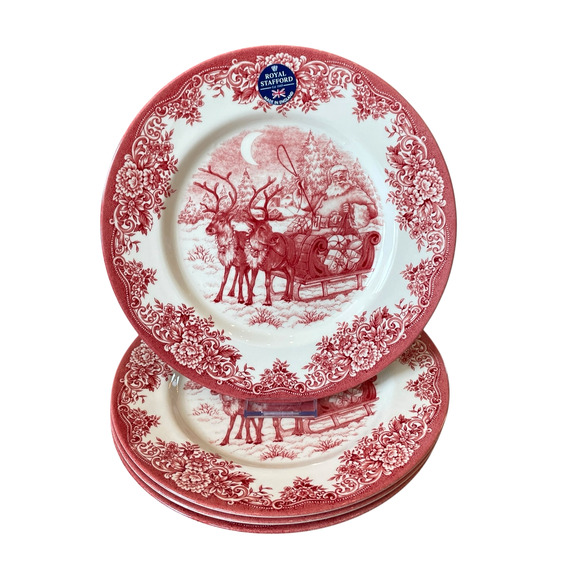 Royal Stafford Christmas SANTA'S SLEIGH RED Porcelain 8" Salad Plate Set of 4 - Picture 1 of 11
